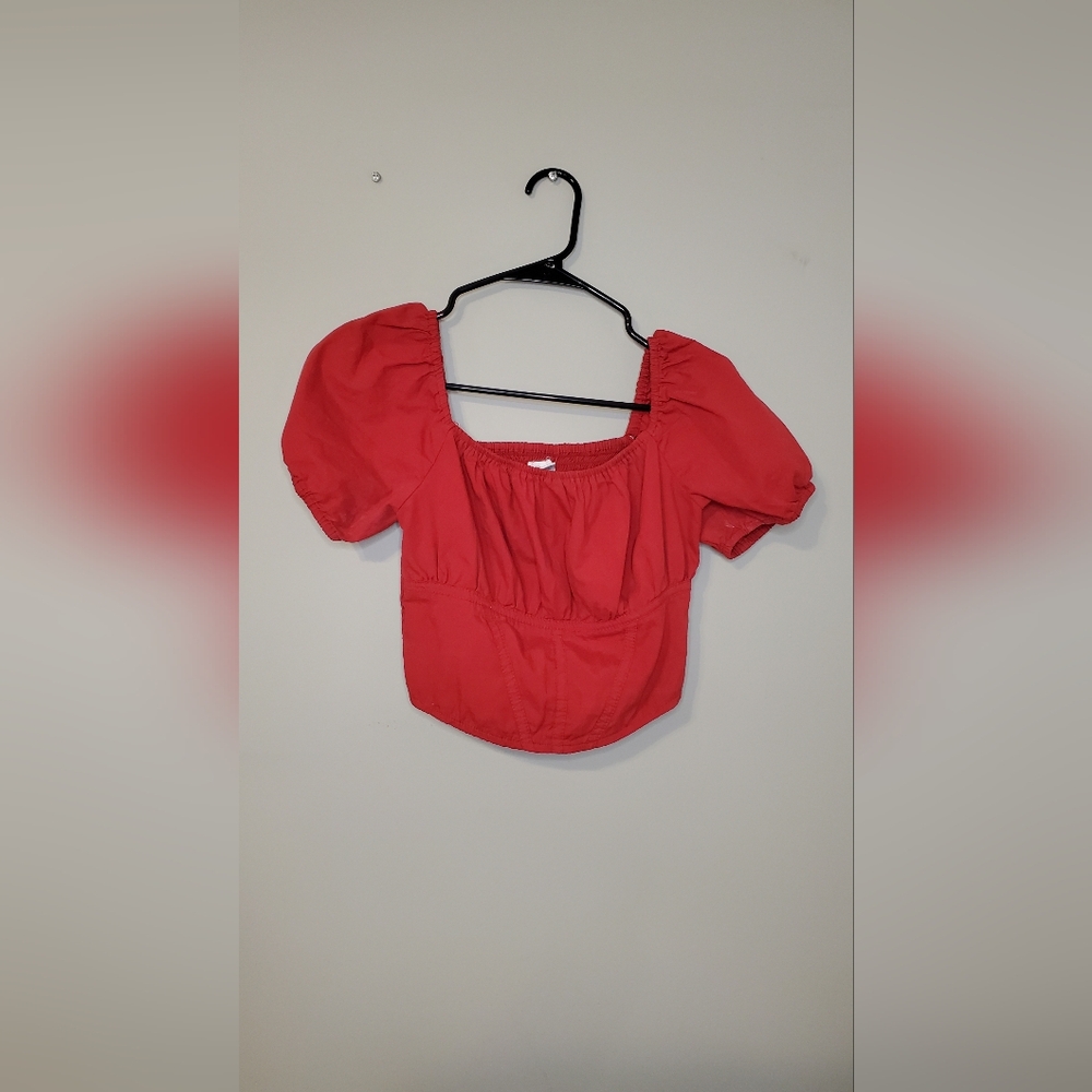Japna Red Puff Sleeve Cotton Crop Top Size Small